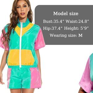 Yisfri Women's Color Block Windbreaker 2 Piece Outfits Short Sleeve Zip Front